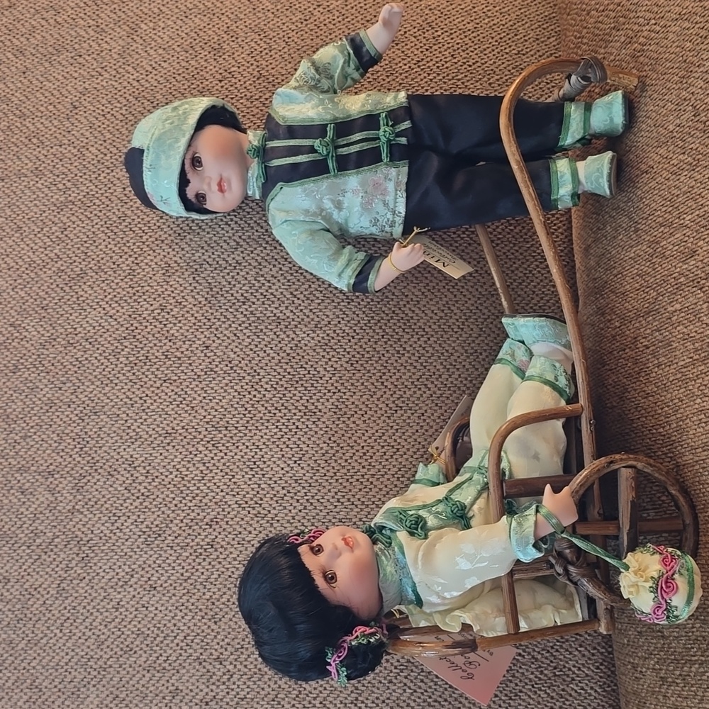 Showstoppers Inc. Vintage Jade and Ming Porcelain Collectible Dolls w/ Rickshaw